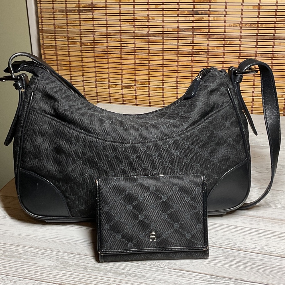 Vintage classic Etienne Aigner Black Signature Canvas Shoulder Bag and wallet